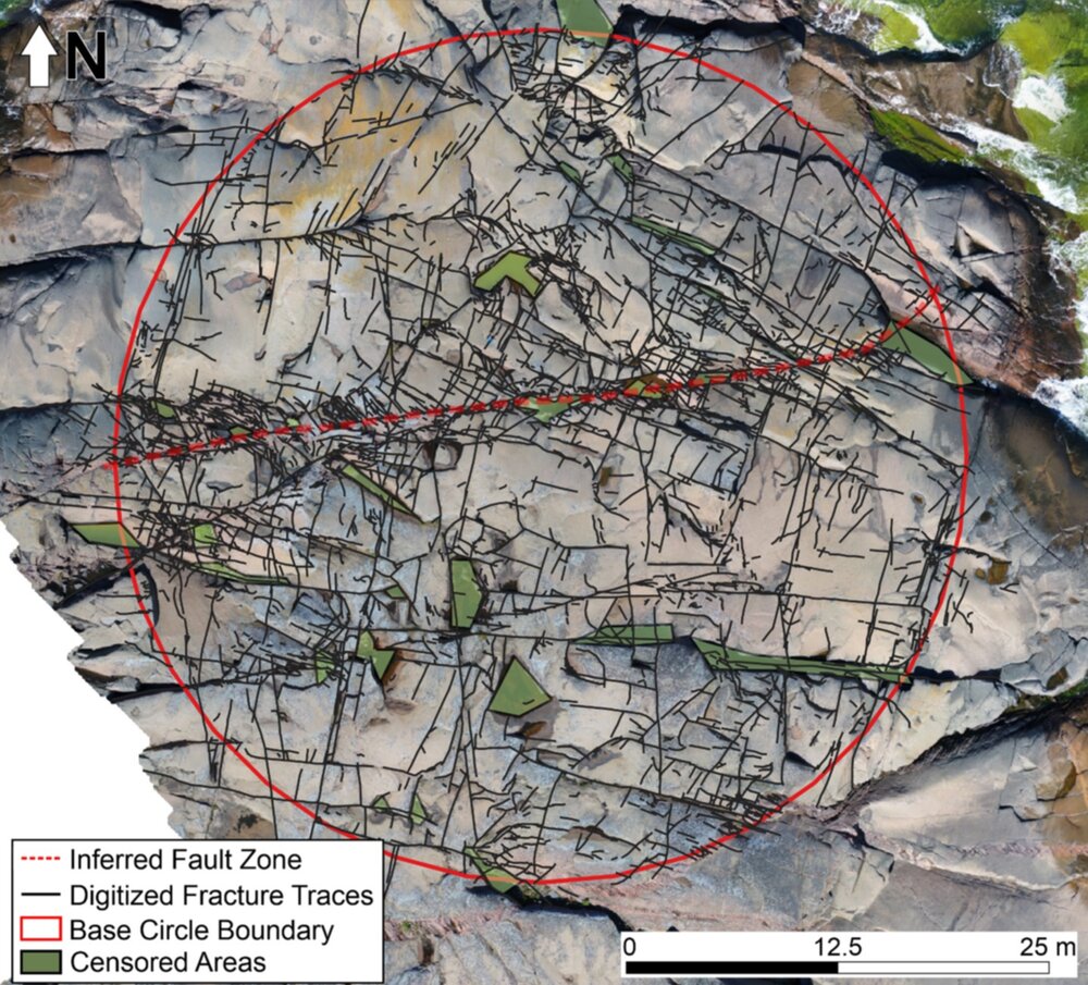 Image showing outcrop photo with thousands of digitized fractures on top and an E-W trending annotated fault