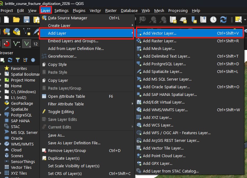 Screenshot of navigating to ``Add Vector Layer`` option