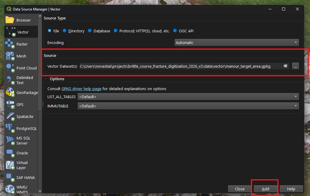 Screenshot of using ``Add Vector Layer`` wizard