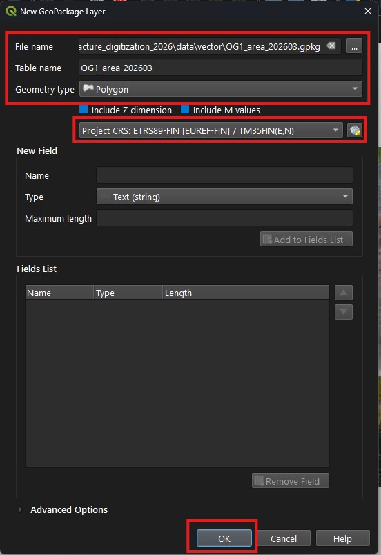 Screenshot of vector layer creation screen with options selected for creating a GeoPackage file for storing target area Polygon data.