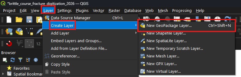 Screenshot of navigating to ``New GeoPackage Layer`` option