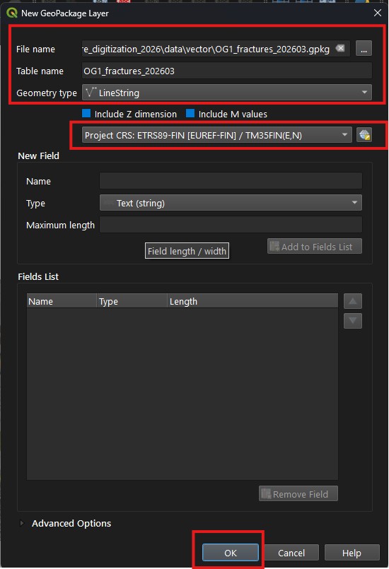Screenshot of vector layer creation screen with options selected for creating a GeoPackage file for storing ``LineString`` trace data.