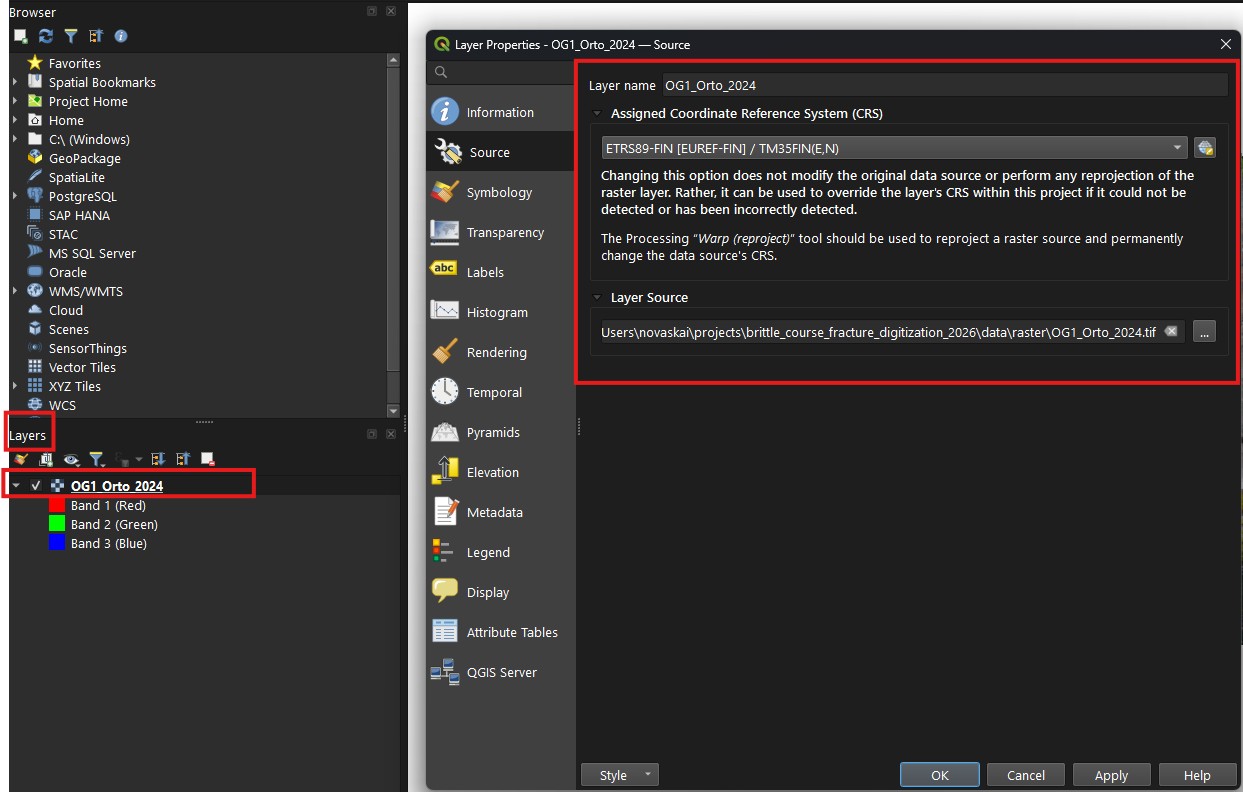 Screenshot of checking raster layer settings for CRS
