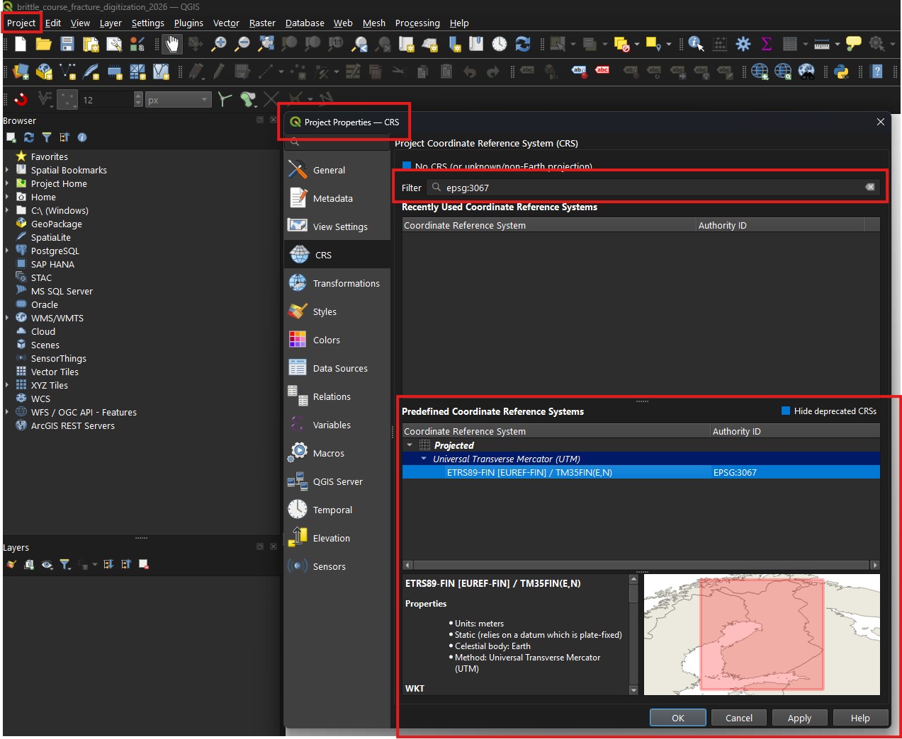Screenshot of CRS selection screen