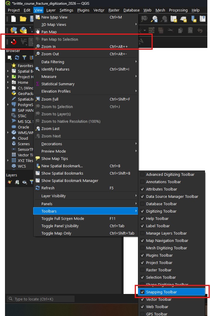 Screenshot of enabling the QGIS snapping toolbar