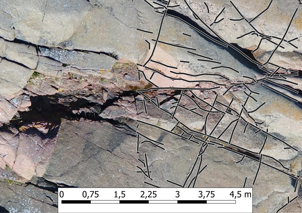 Image showing outcrop photo on the left side and digitized fractures on top of the outcrop photo on the right side